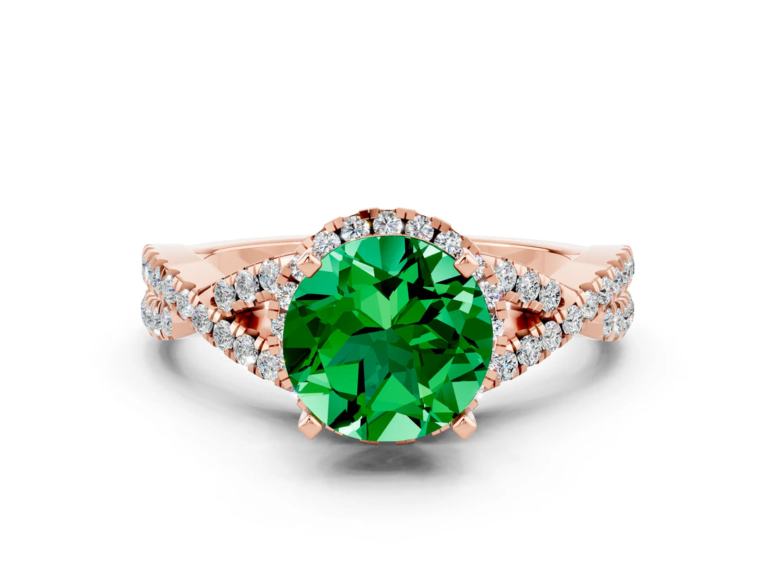 Rose gold Round Cut Emerald  Halo Twist Band Solitaire Prong Setting Ring_42