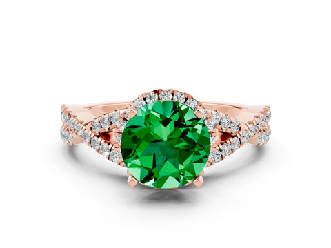Rose gold Round Cut Emerald Halo Twist Band Solitaire Prong Setting Ring