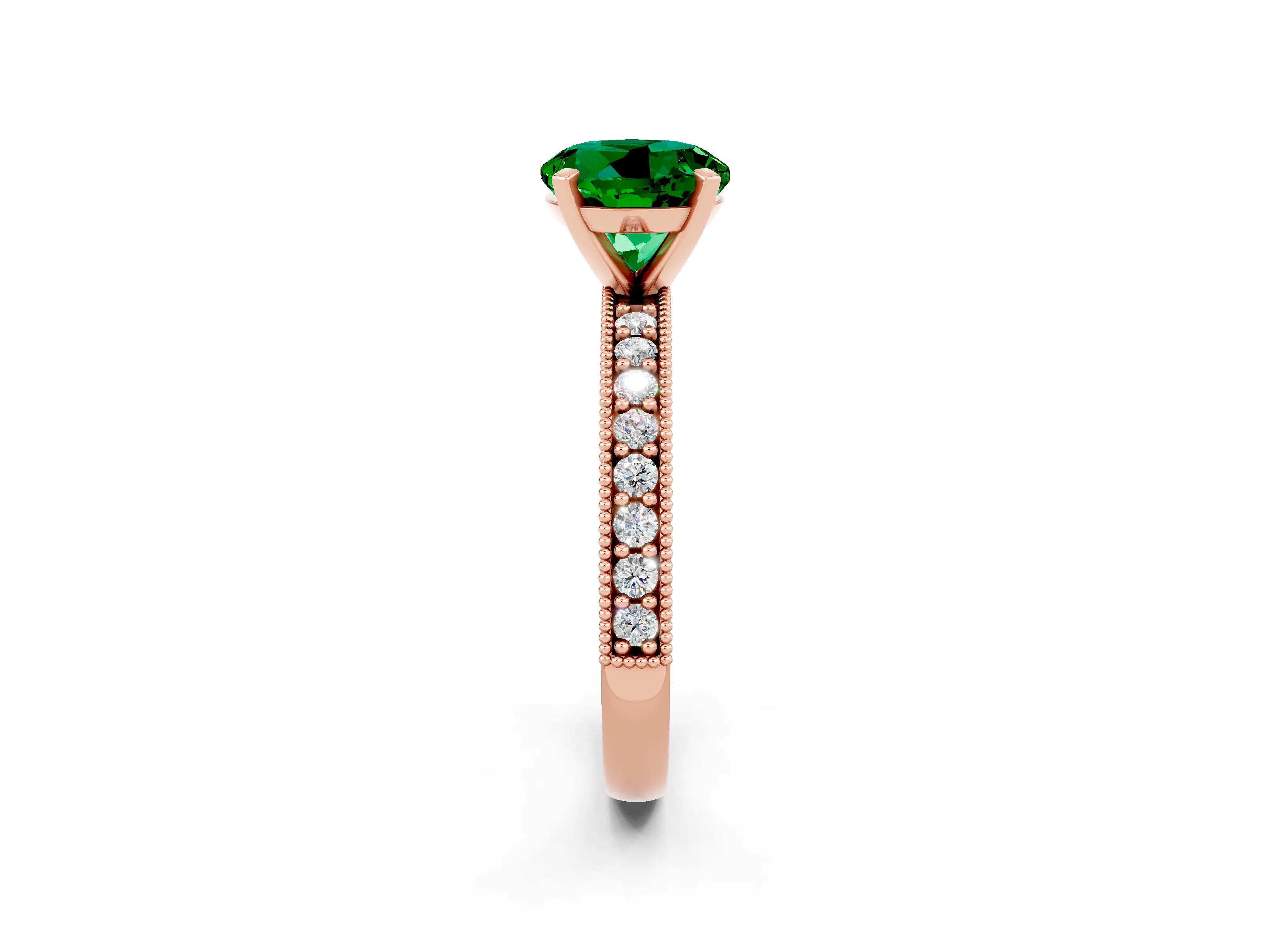 Rose gold Round Cut Emerald Milgrain Pavé Engagement Ring with Four-Prong Setting_2