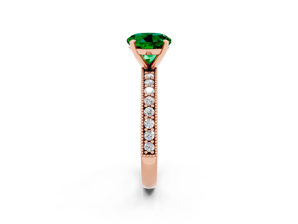 Rose gold Round Cut Emerald Milgrain Pavé Engagement Ring with Four-Prong Setting
