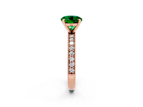 Rose gold Round Cut Emerald Milgrain Pavé Engagement Ring with Four-Prong Setting_2