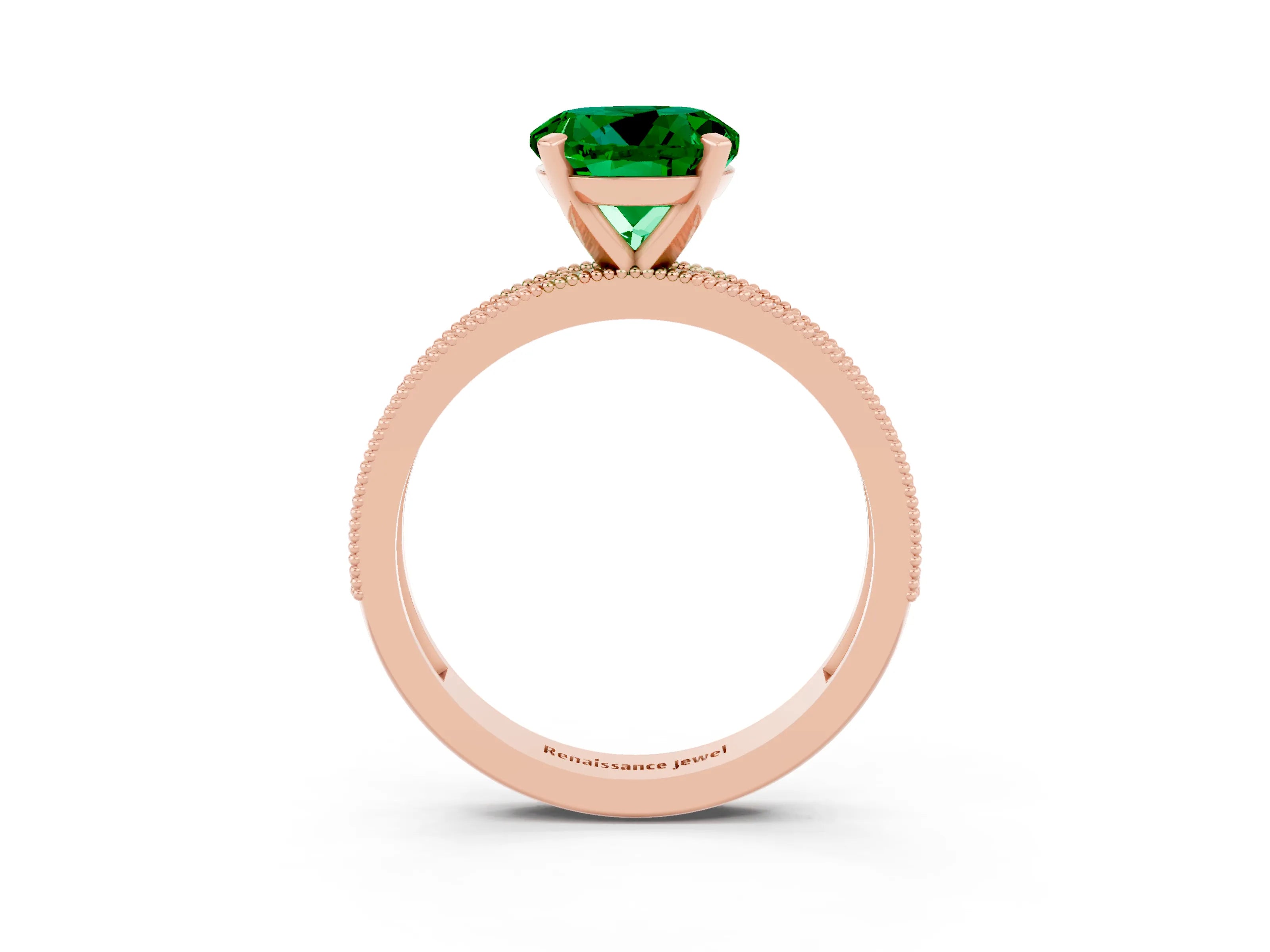 Rose gold Round Cut Emerald Milgrain Pavé Engagement Ring with Four-Prong Setting_3