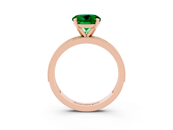 Rose gold Round Cut Emerald Milgrain Pavé Engagement Ring with Four-Prong Setting