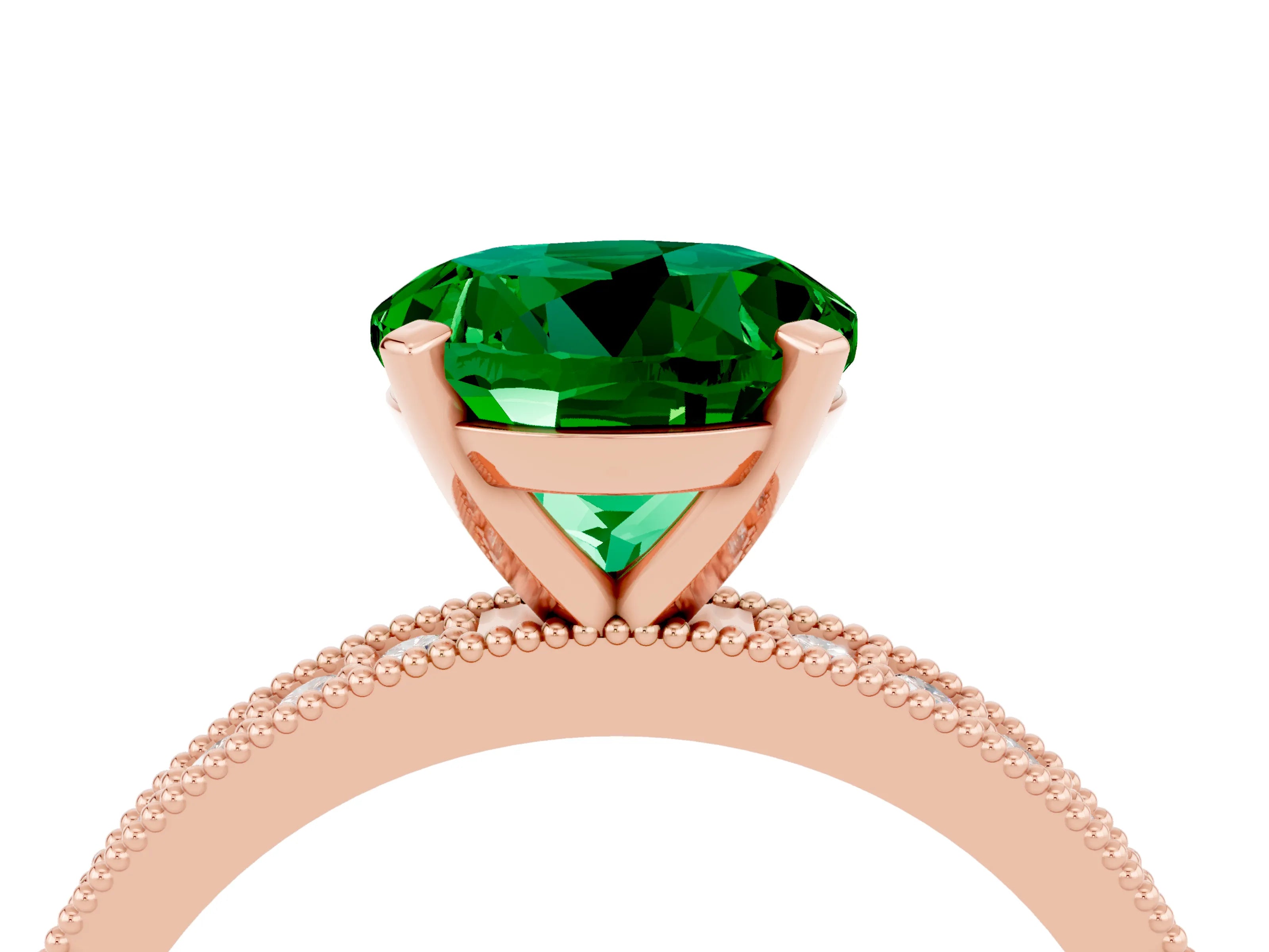 Rose gold Round Cut Emerald Milgrain Pavé Engagement Ring with Four-Prong Setting_4
