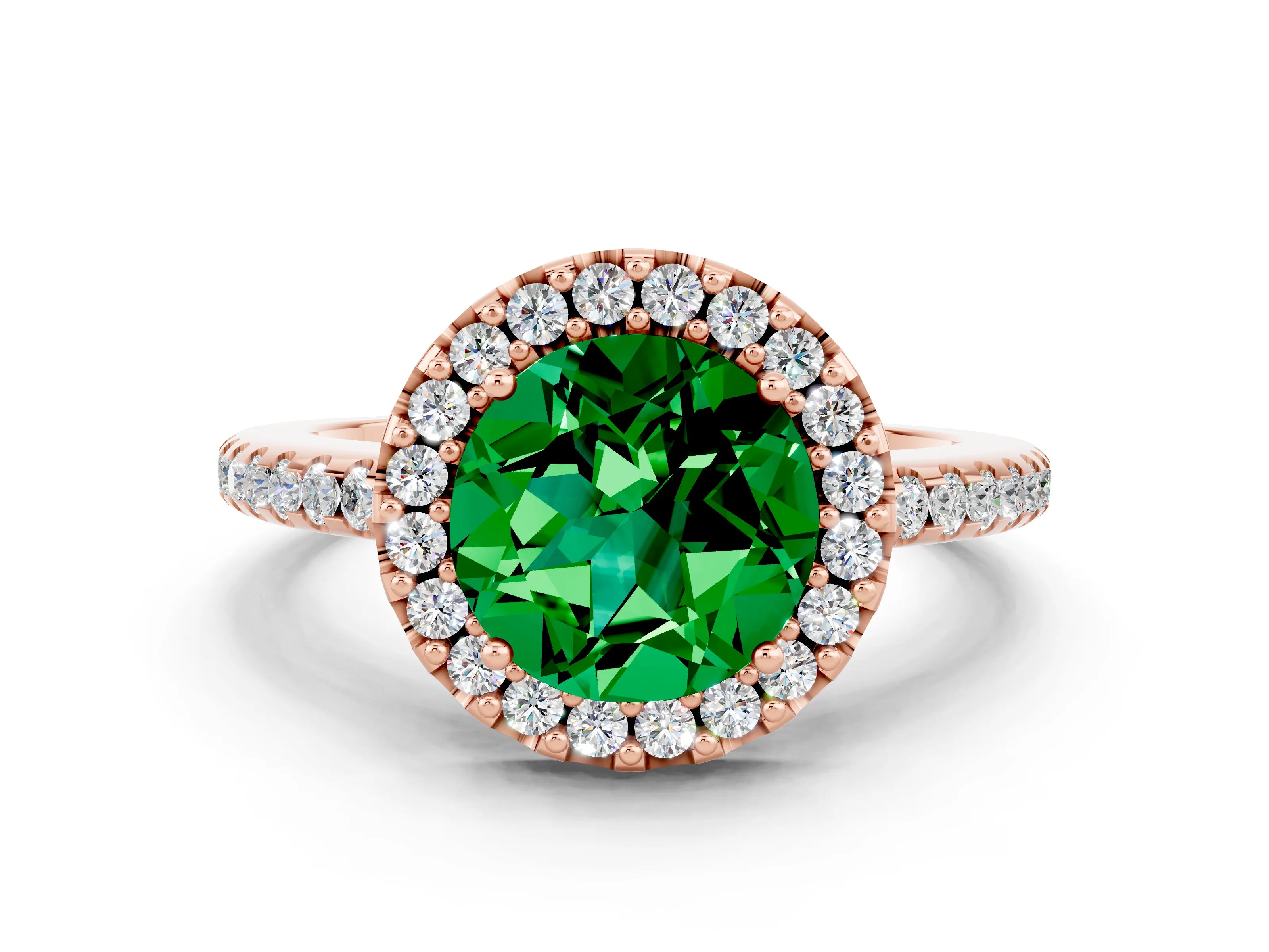 Rose gold Round Cut Emerald Pavé Halo Ring with Four-Prong Setting_12