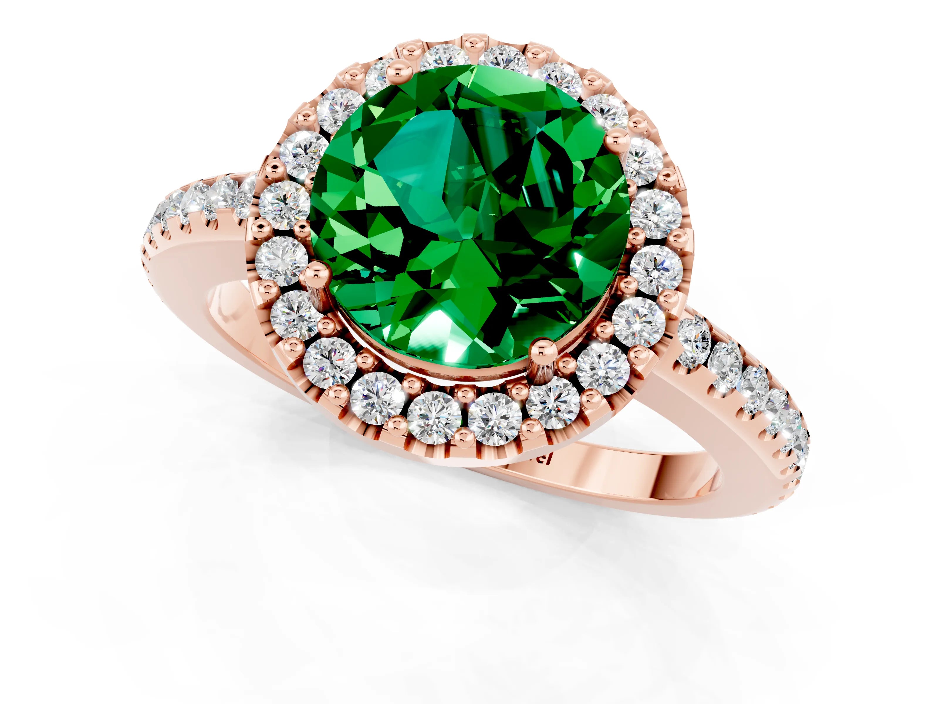 Rose gold Round Cut Emerald Pavé Halo Ring with Four-Prong Setting_13
