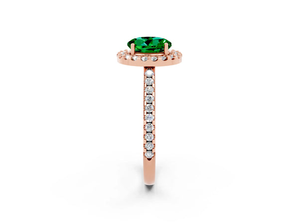 Rose gold Round Cut Emerald Pavé Halo Ring with Four-Prong Setting