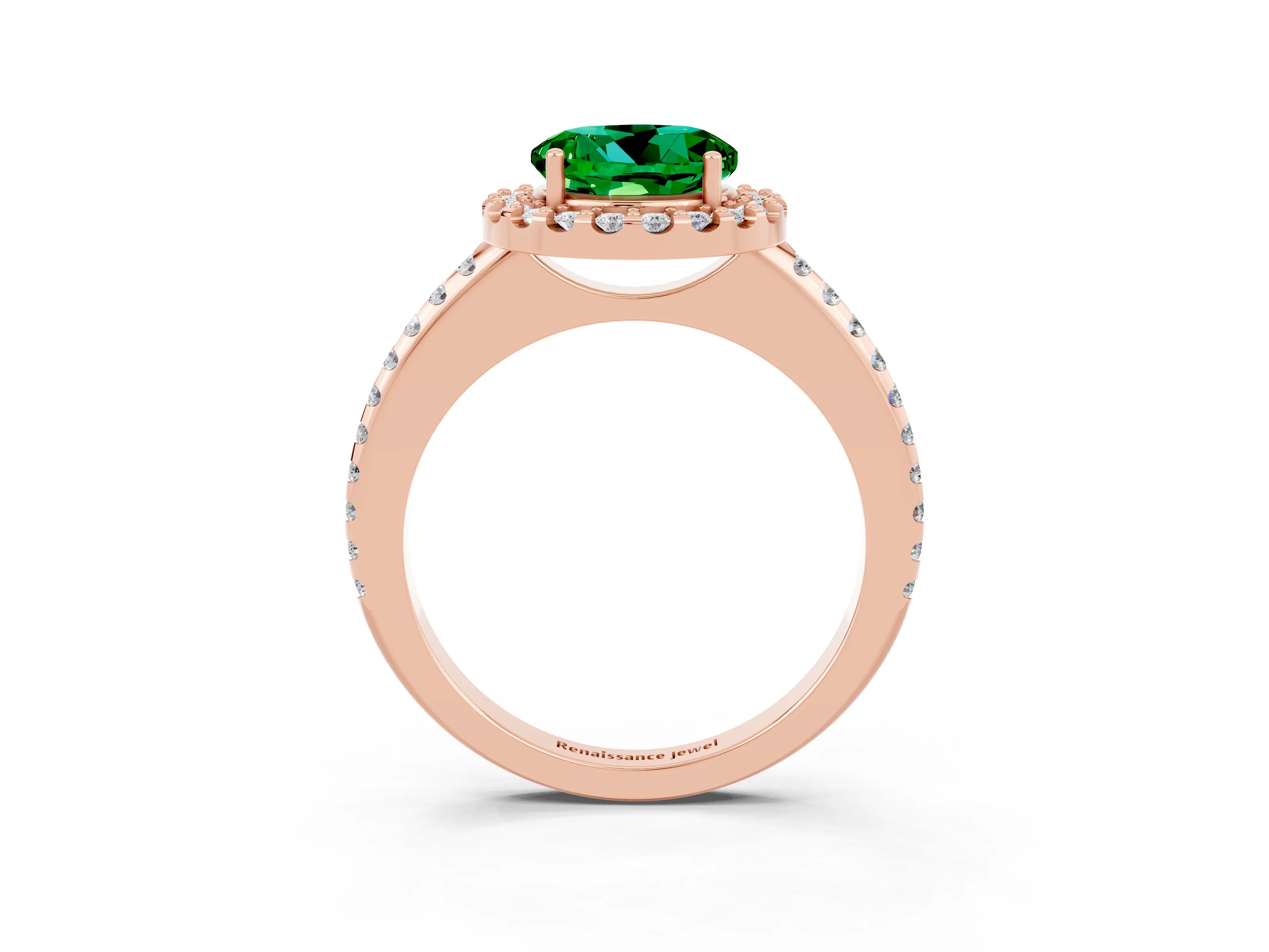 Rose gold Round Cut Emerald Pavé Halo Ring with Four-Prong Setting_15
