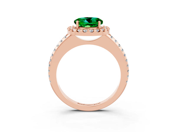 Rose gold Round Cut Emerald Pavé Halo Ring with Four-Prong Setting