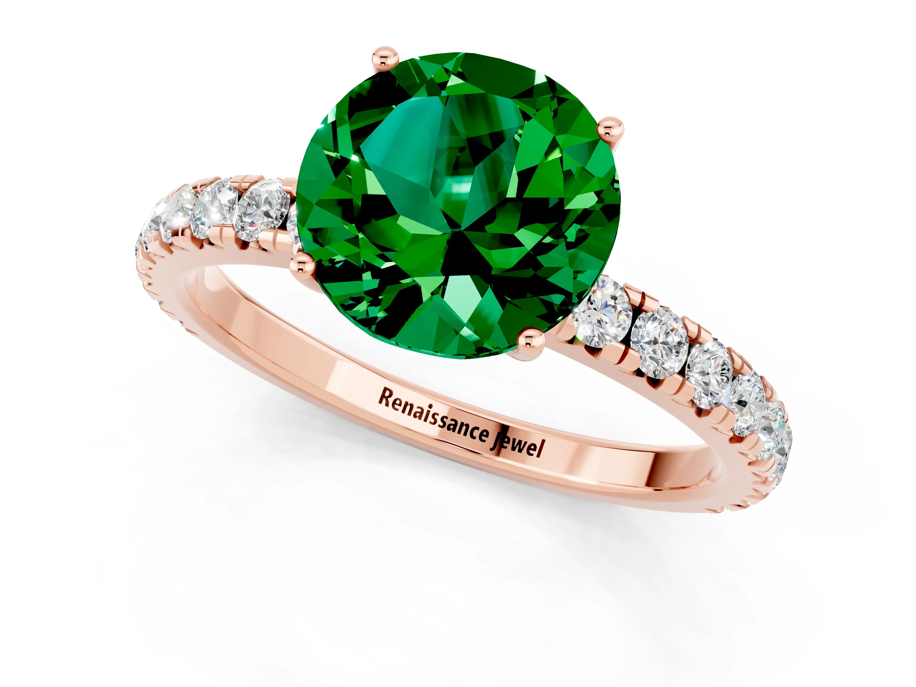 Rose gold Round Cut Emerald Pavé Solitaire Engagement Ring with Four-Prong Setting_13