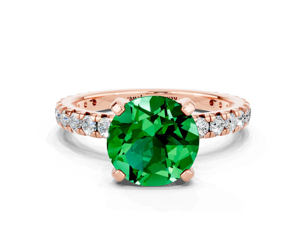 Rose gold Round Cut Emerald Pavé Solitaire Ring with Round Band and Prong Setting