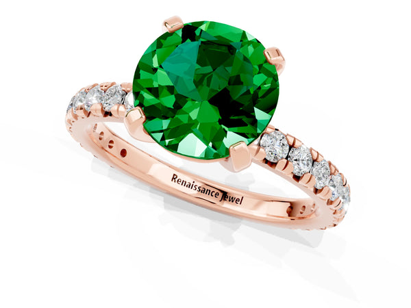 Rose gold Round Cut Emerald Pavé Solitaire Ring with Round Band and Prong Setting