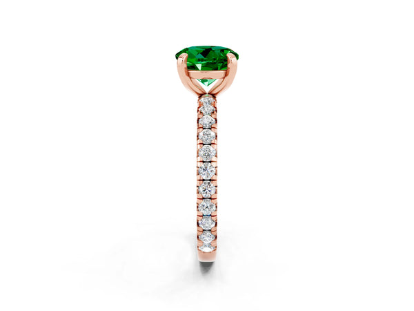 Rose gold Round Cut Emerald Pavé Solitaire Ring with Round Band and Prong Setting