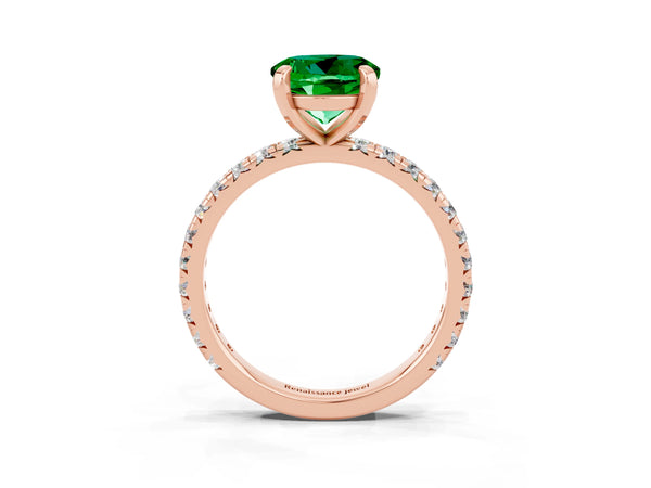 Rose gold Round Cut Emerald Pavé Solitaire Ring with Round Band and Prong Setting