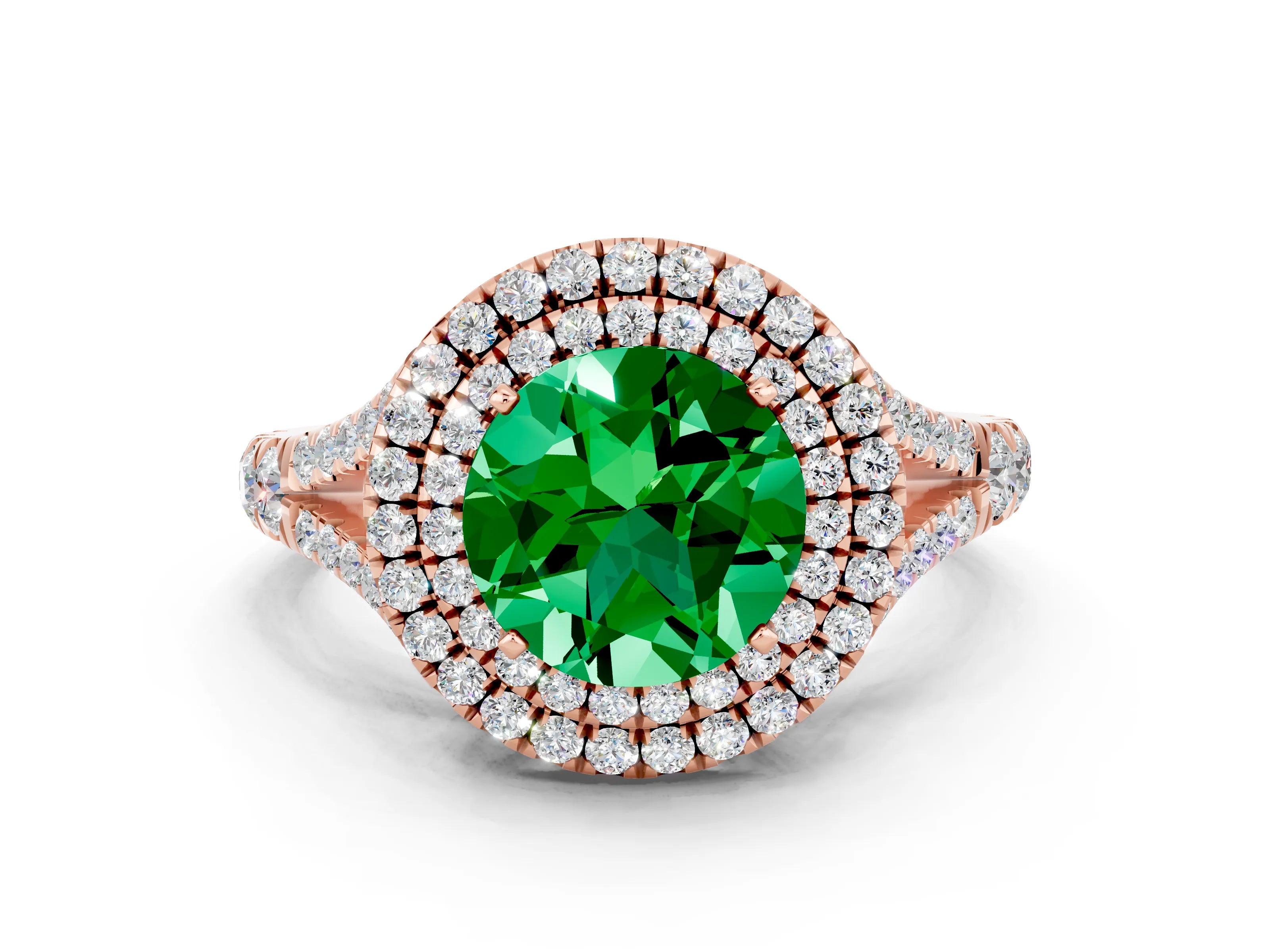 Rose gold Round Cut Emerald Pavé Split Shank Double Halo Engagement Ring