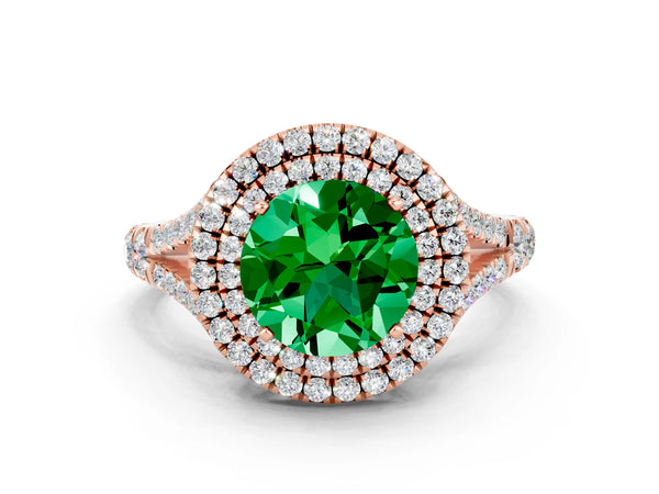 Rose gold Round Cut Emerald Pavé Split Shank Double Halo Engagement Ring