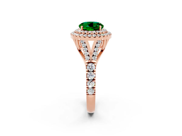 Rose gold Round Cut Emerald Pavé Split Shank Double Halo Engagement Ring
