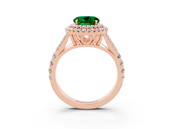 Rose gold Round Cut Emerald Pavé Split Shank Double Halo Engagement Ring