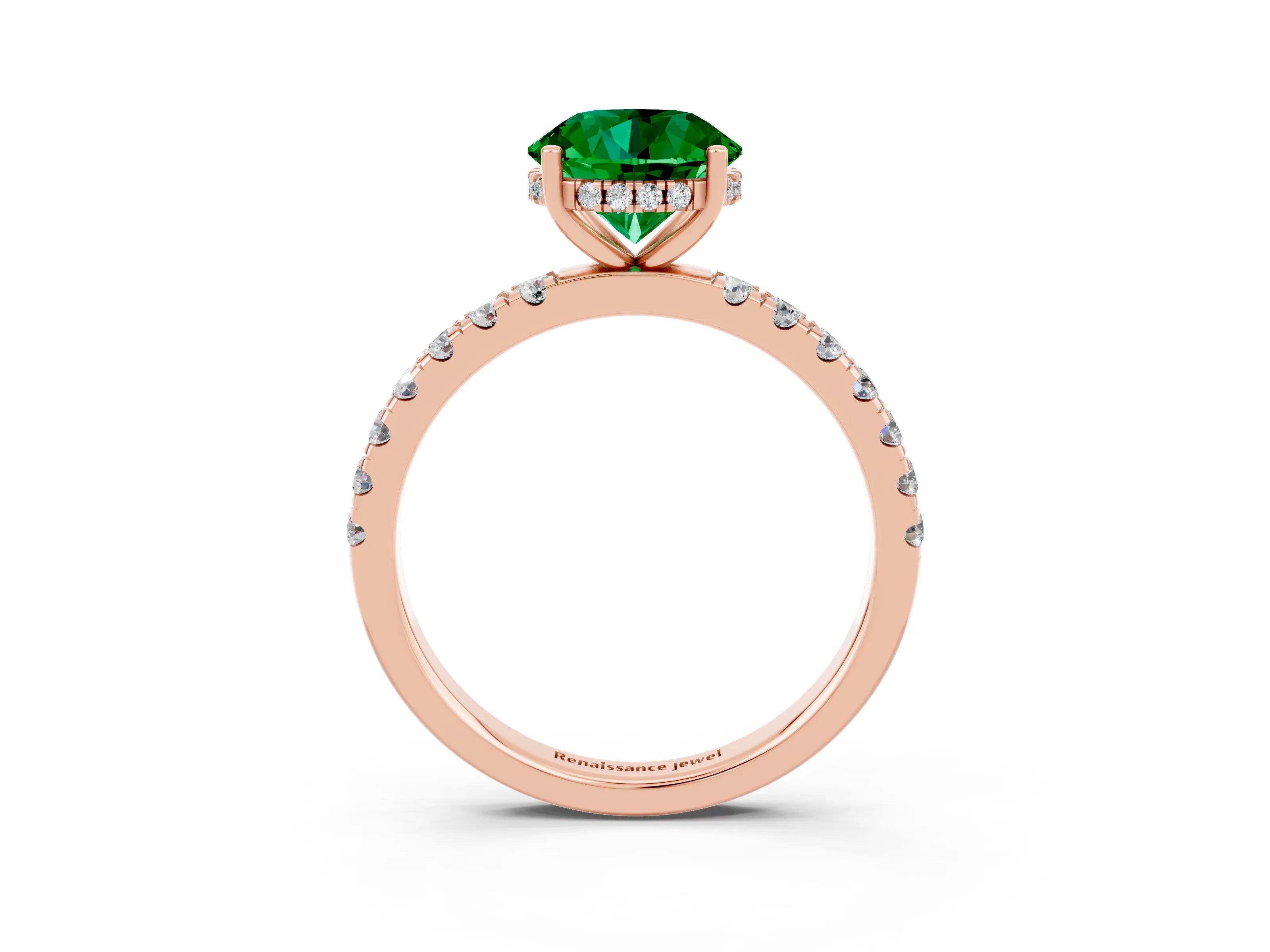 Rose gold Round Cut Emerald Pave Band Solitaire Ring with Four-Prong Setting_27