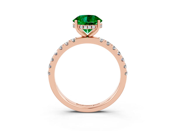 Rose gold Round Cut Emerald Pave Band Solitaire Ring with Round  and Prong Setting