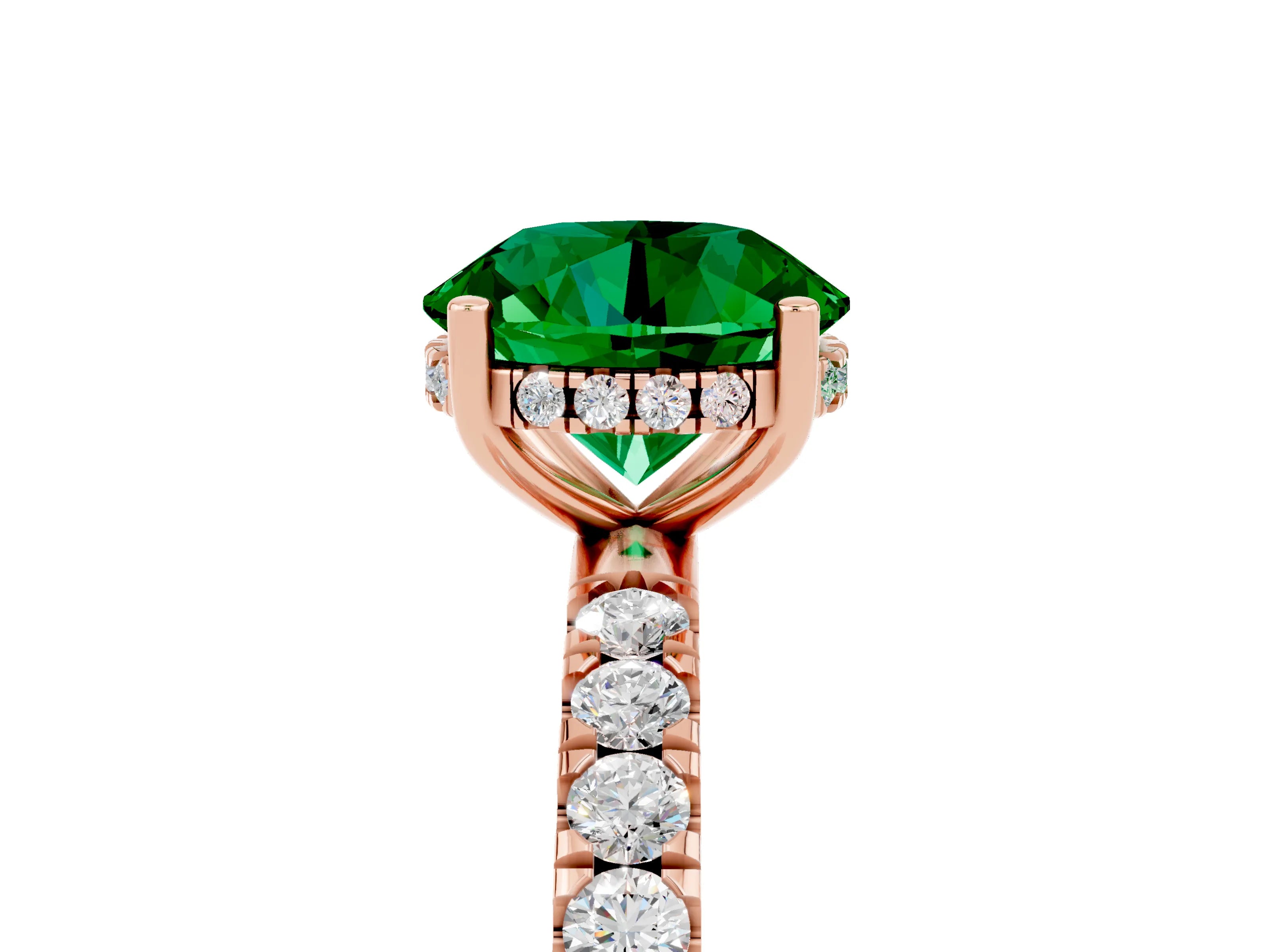 Rose gold Round Cut Emerald Pave Band Solitaire Ring with Four-Prong Setting_29