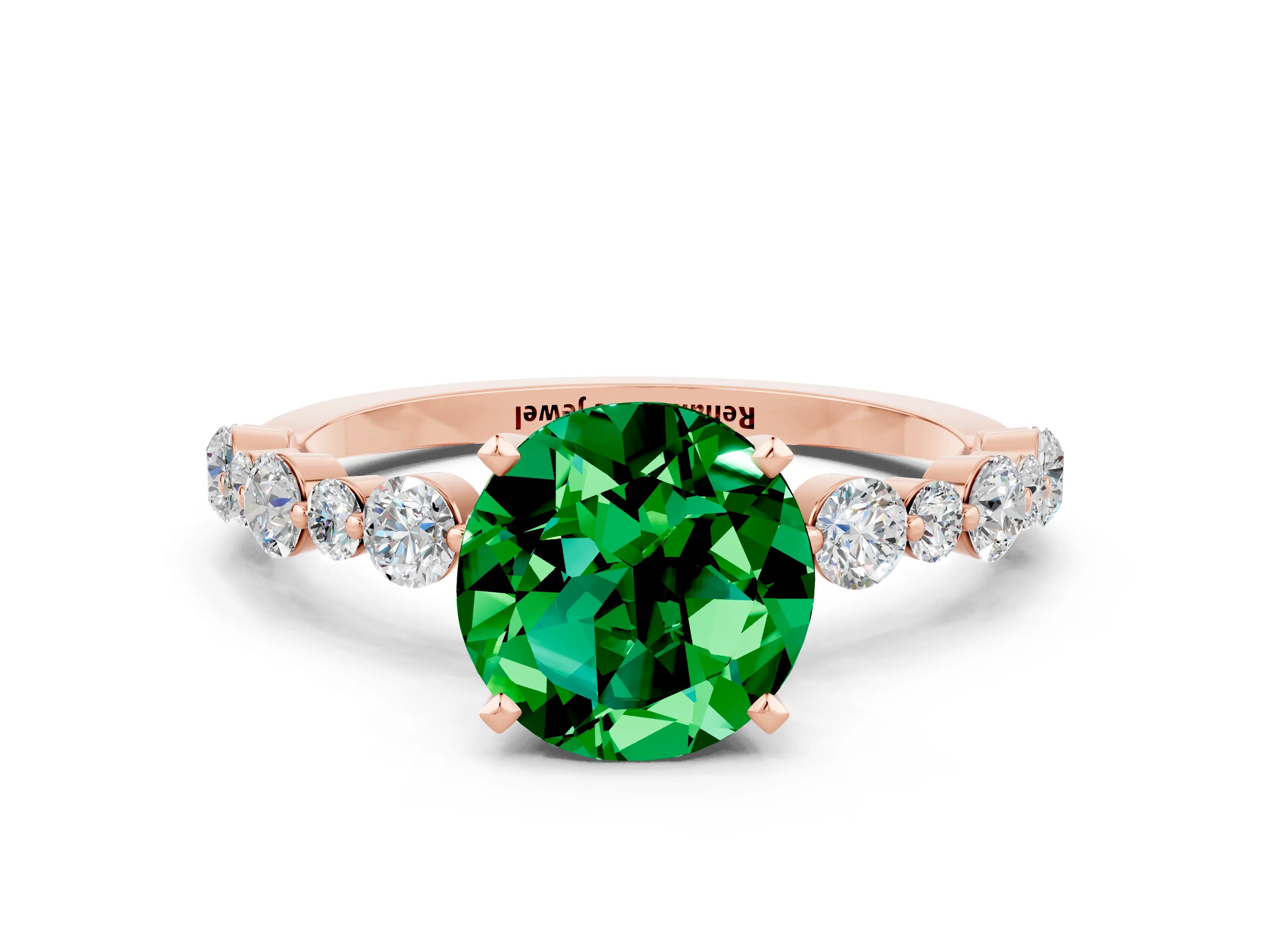 Rose gold Round Cut Emerald Prong Set Engagement Ring with Pavé Band
