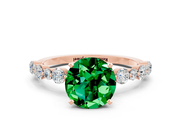Rose gold Round Cut Emerald Prong Set Engagement Ring with Pavé Band