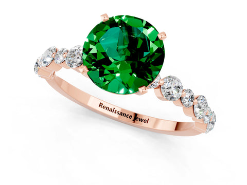 Rose gold Round Cut Emerald Prong Set Engagement Ring with Pavé Band_1