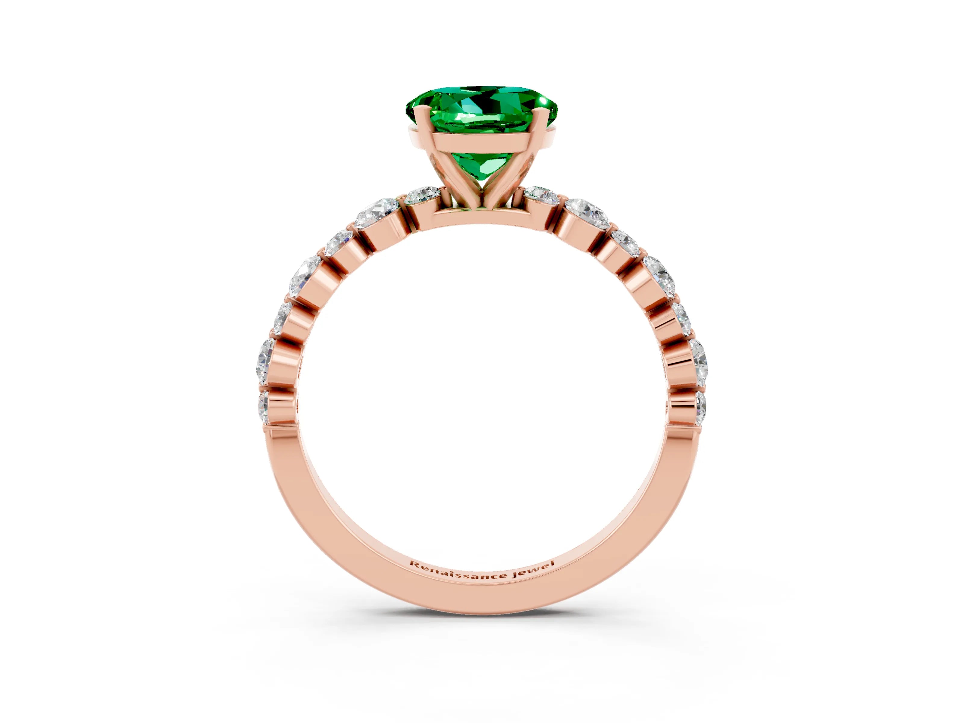 Rose gold Round Cut Emerald Prong Set Engagement Ring with Pavé Band_3