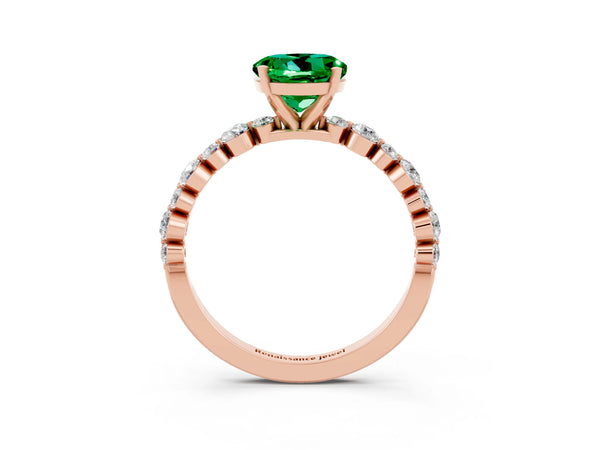 Rose gold Round Cut Emerald Prong Set Engagement Ring with Pavé Band