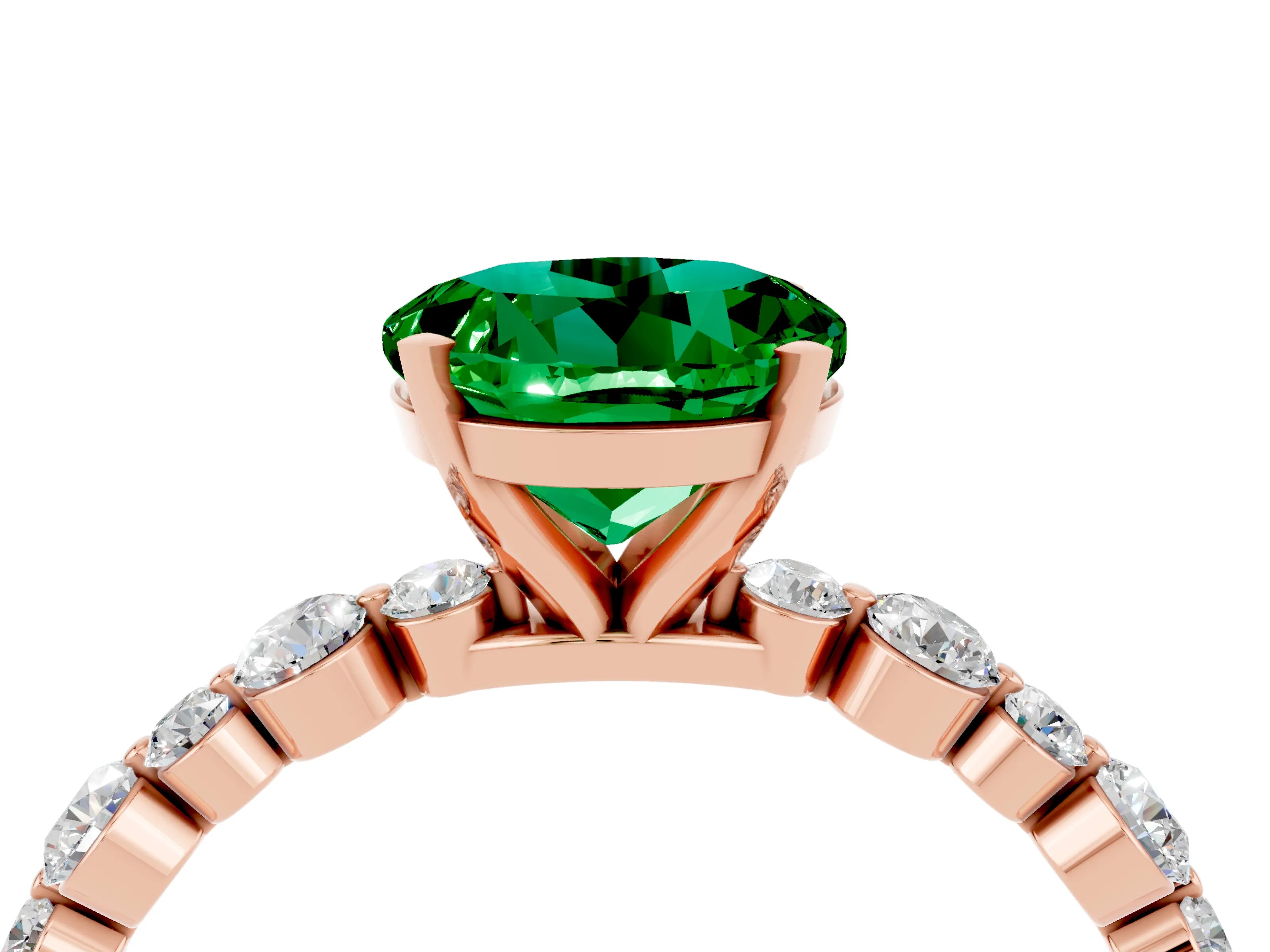 Rose gold Round Cut Emerald Prong Set Engagement Ring with Pavé Band_4