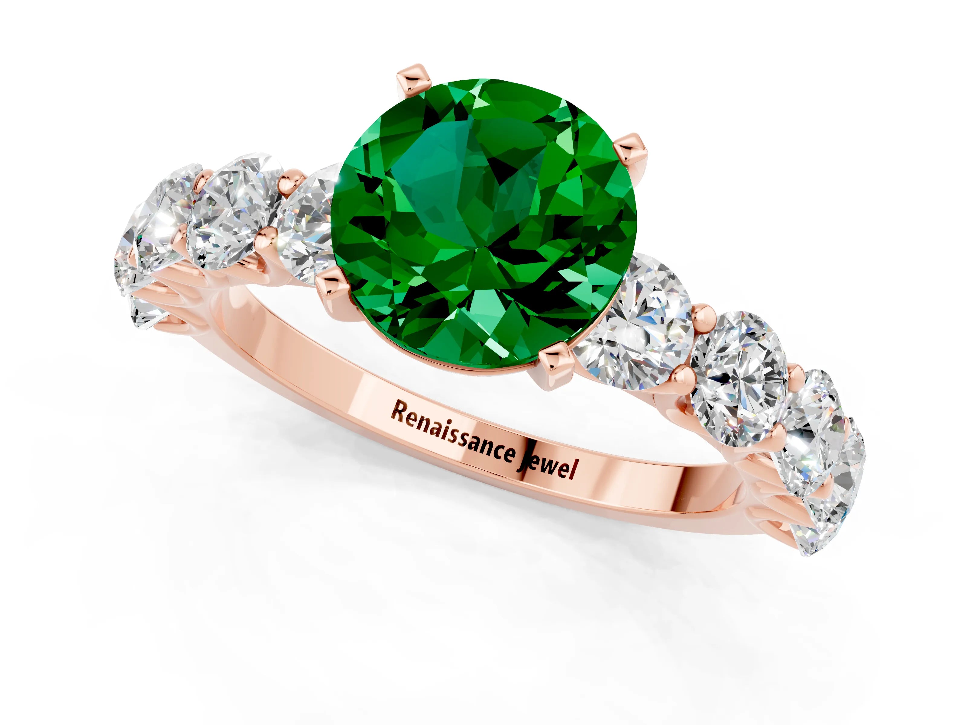 Rose gold Round Cut Emerald Prong Setting with Side Stones on a Pave Band_1