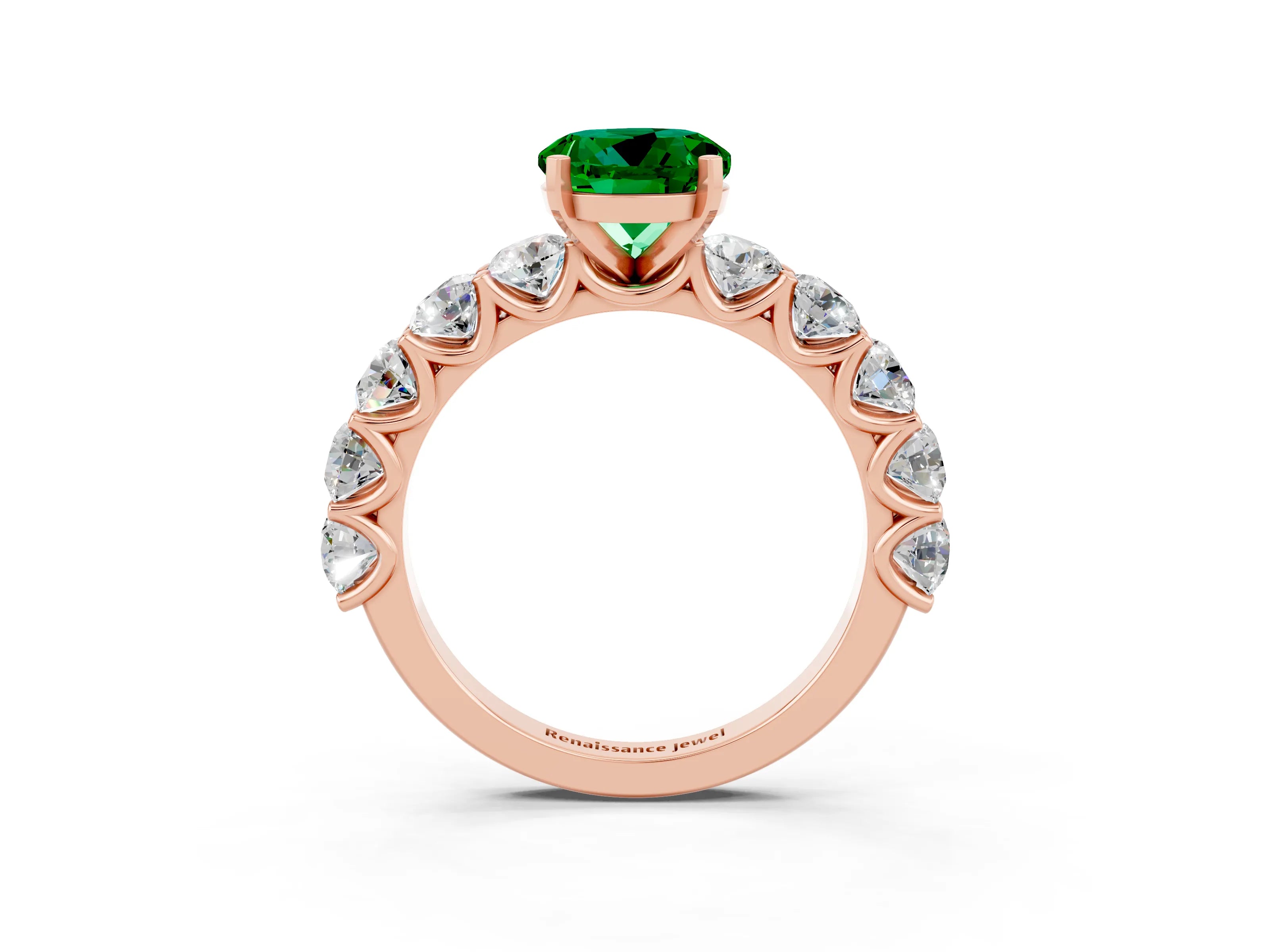 Rose gold Round Cut Emerald Prong Setting with Side Stones on a Pave Band_3