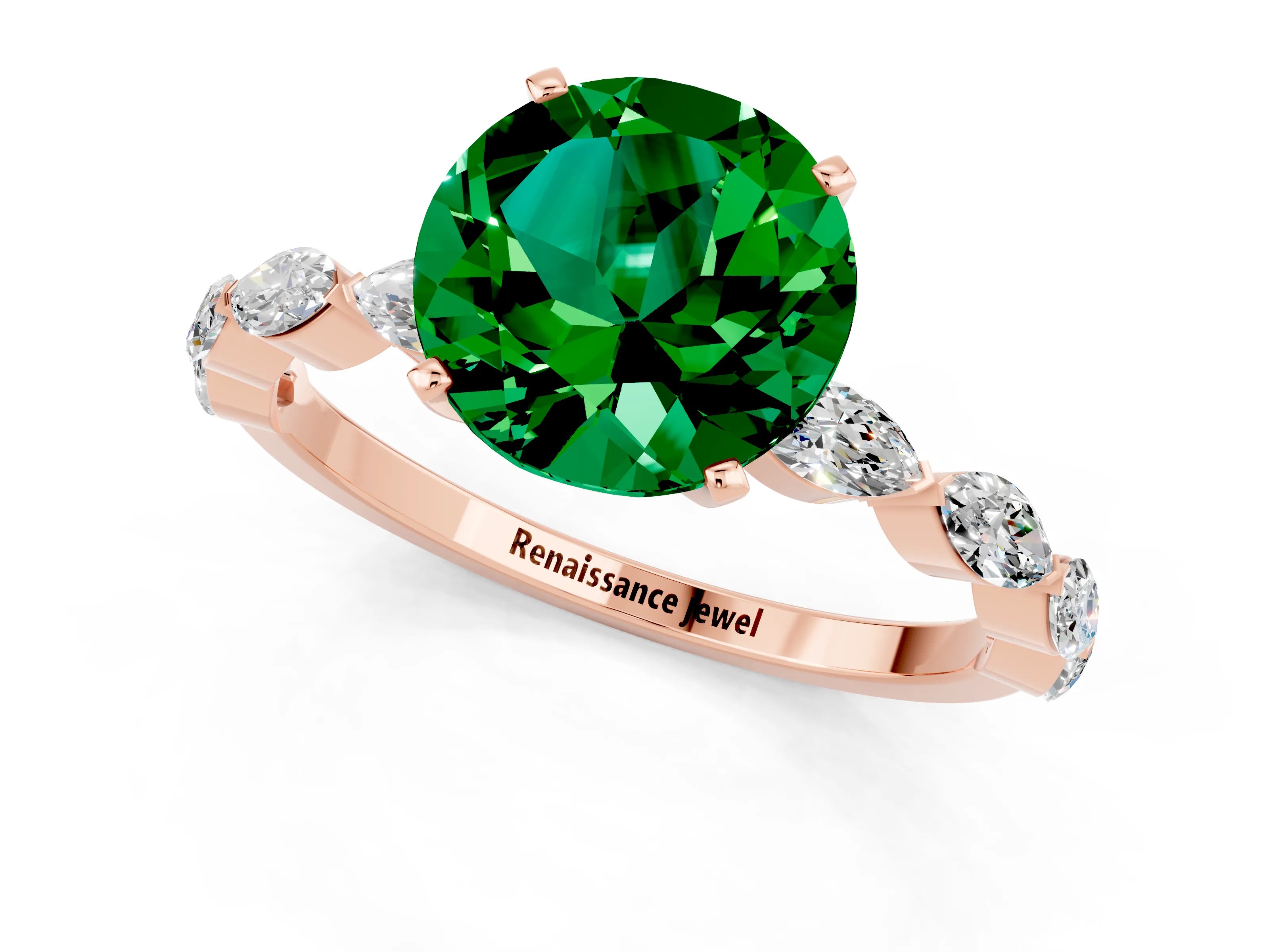 Rose gold Round Cut Emerald Ring with Marquise Side Stones and Prong Setting_1