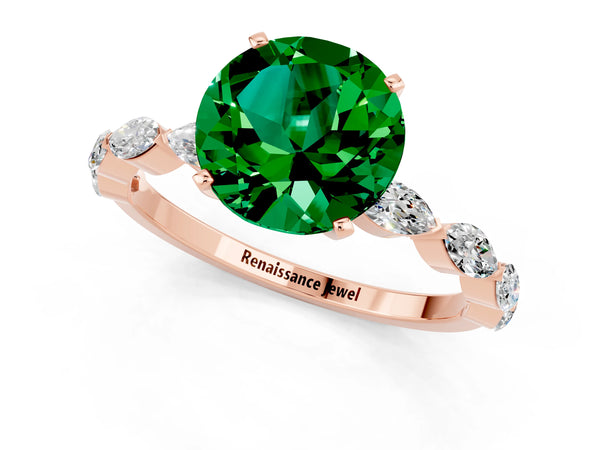 Rose gold Round Cut Emerald Ring with Marquise Side Stones and Prong Setting
