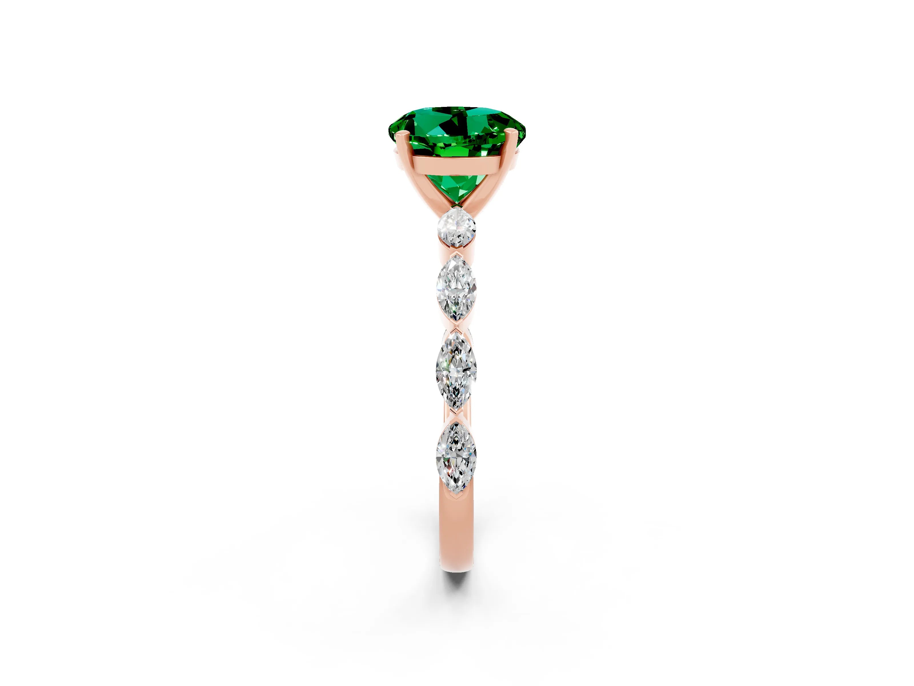 Rose gold Round Cut Emerald Ring with Marquise Side Stones and Prong Setting_2