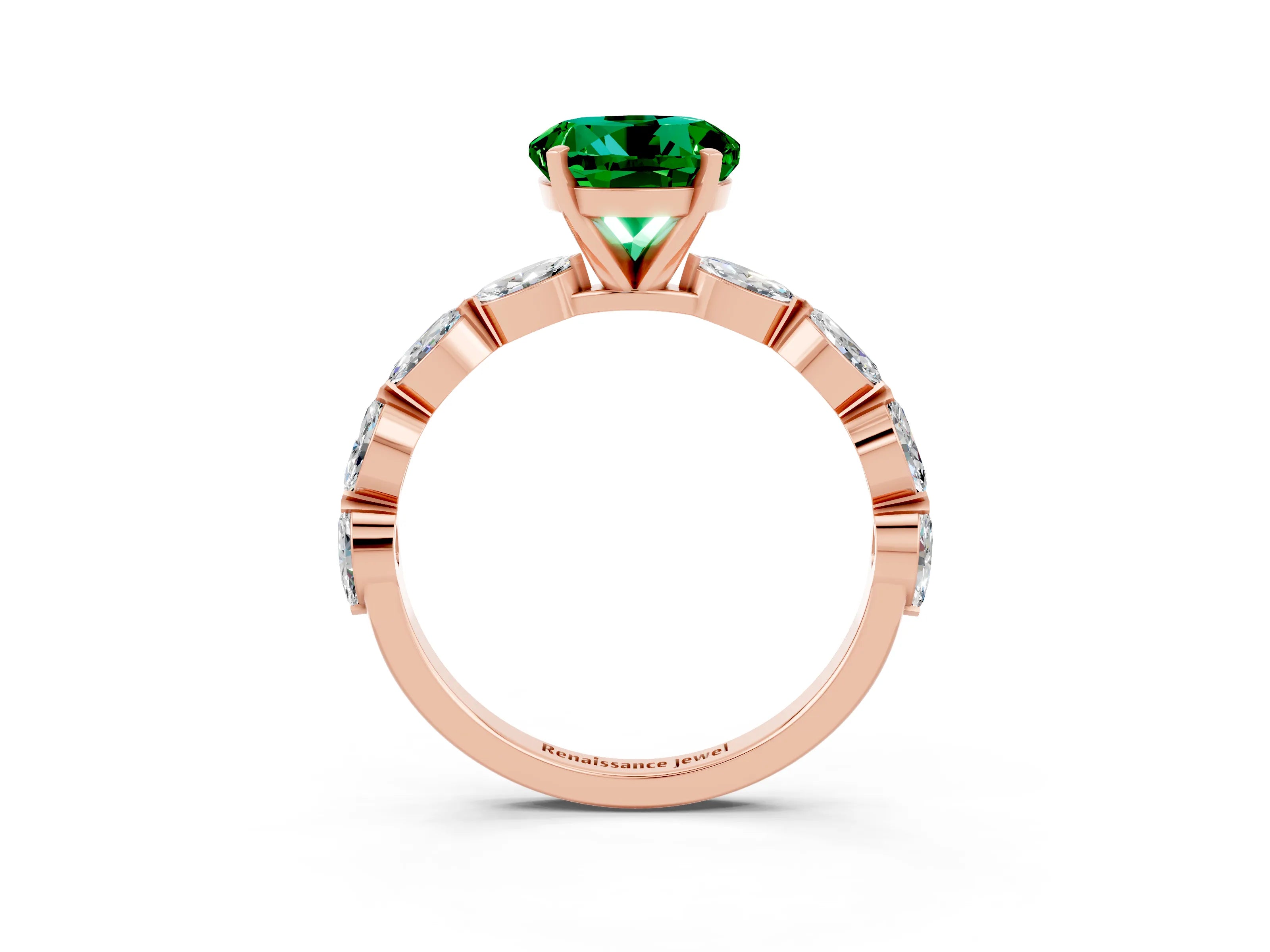 Rose gold Round Cut Emerald Ring with Marquise Side Stones and Prong Setting_3