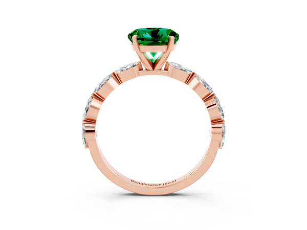 Rose gold Round Cut Emerald Ring with Marquise Side Stones and Prong Setting