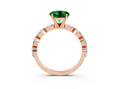 Rose gold Round Cut Emerald Ring with Marquise Side Stones and Prong Setting_3