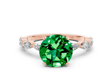 Rose gold Round Cut Emerald Ring with Marquise Side Stones and Prong Setting