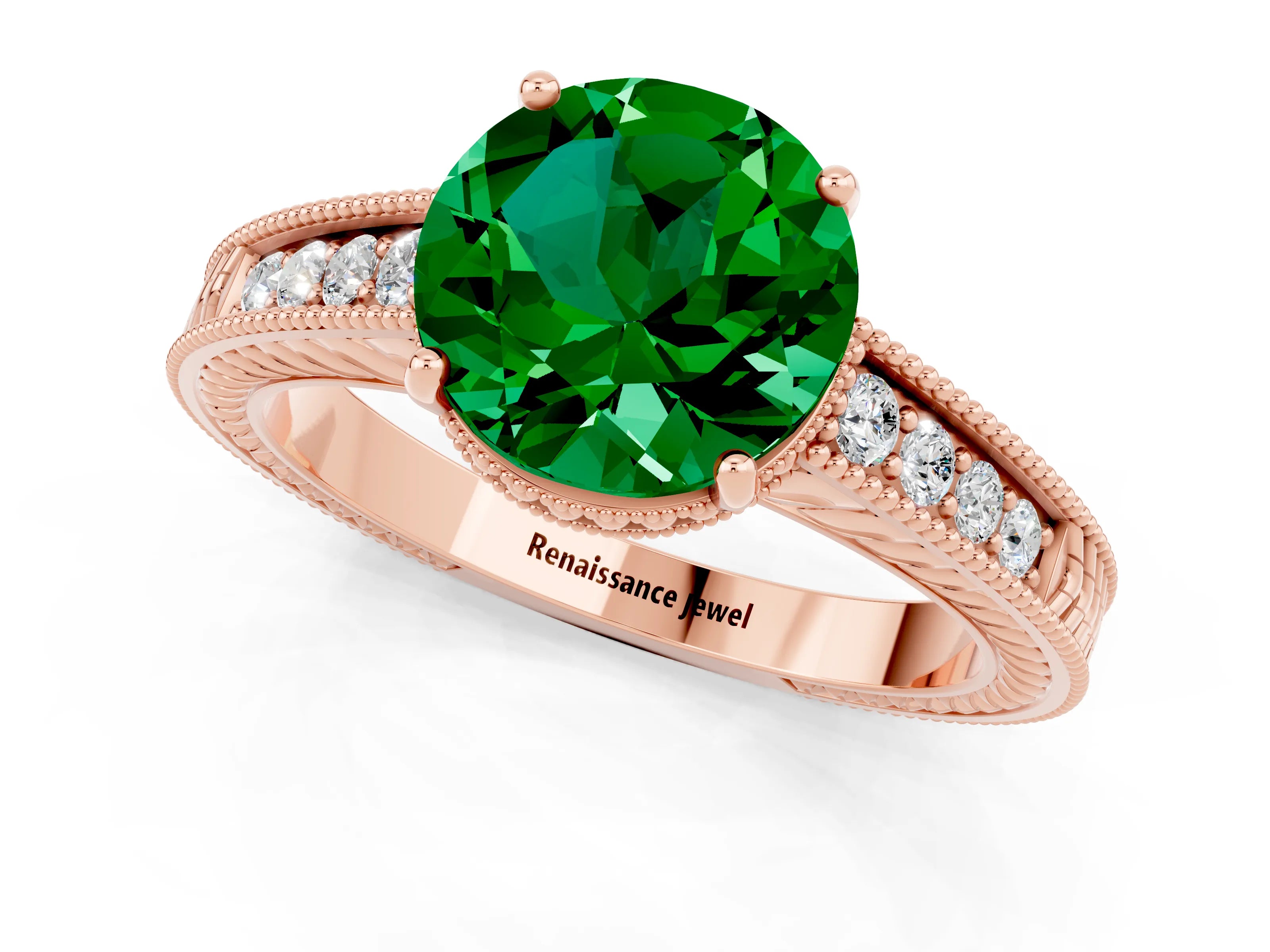 Rose gold Round Cut Emerald Ring with Milgrain Pavé Band and Four-Prong Setting_13