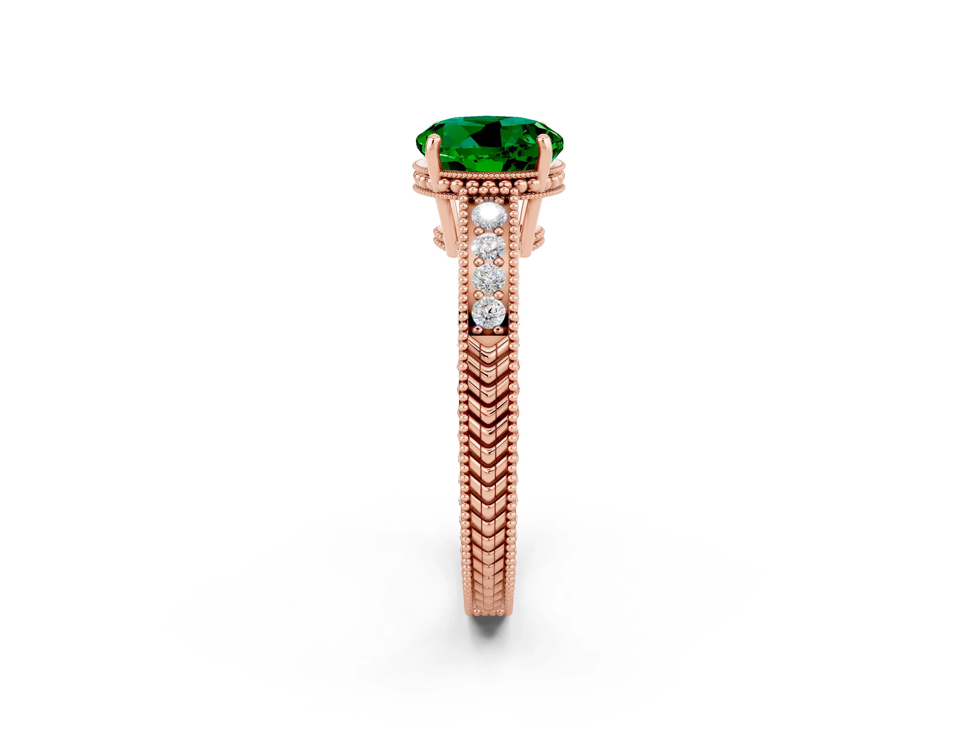 Rose gold Round Cut Emerald Ring with Milgrain Pavé Band and Four-Prong Setting_14