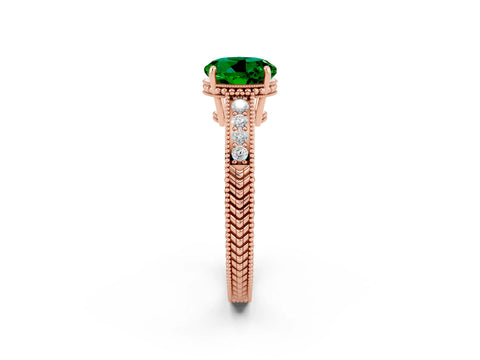 Rose gold Round Cut Emerald Ring with Milgrain Pavé Band and Four-Prong Setting_14