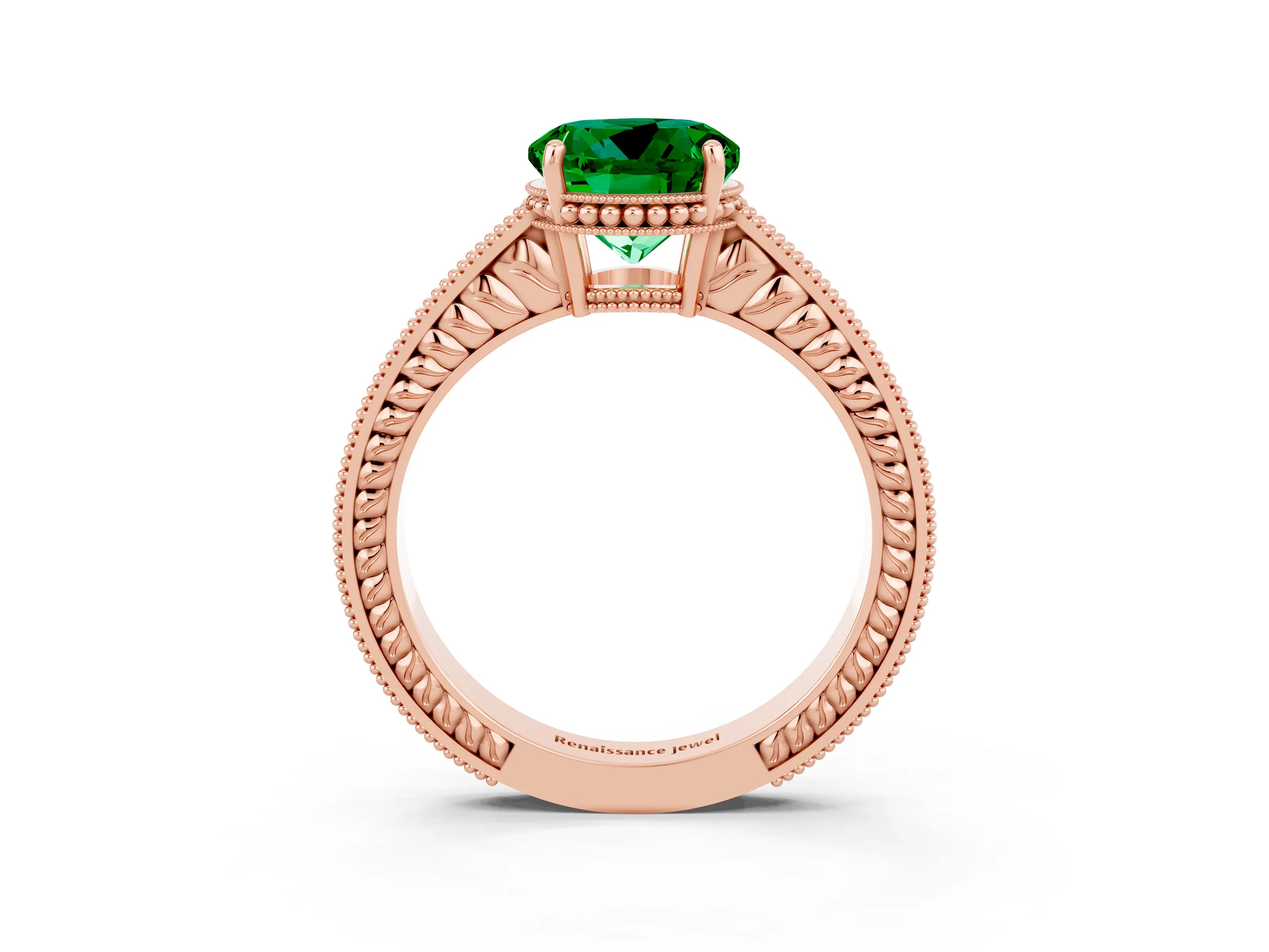 Rose gold Round Cut Emerald Ring with Milgrain Pavé Band and Four-Prong Setting_15