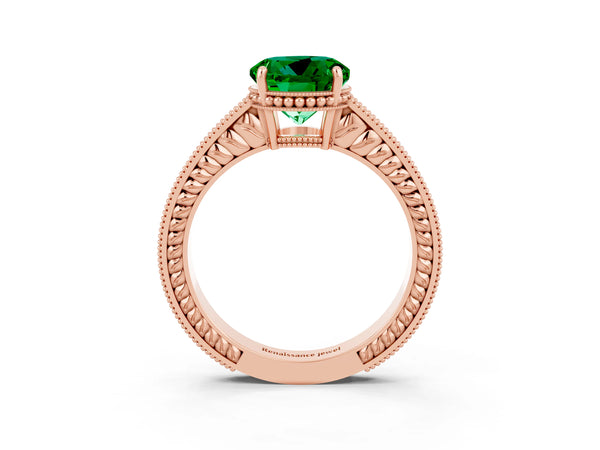 Rose gold Round Cut Emerald Ring with Milgrain Pavé Band and Four-Prong Setting