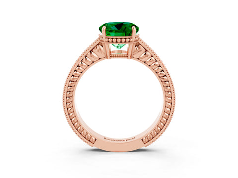 Rose gold Round Cut Emerald Ring with Milgrain Pavé Band and Four-Prong Setting_15