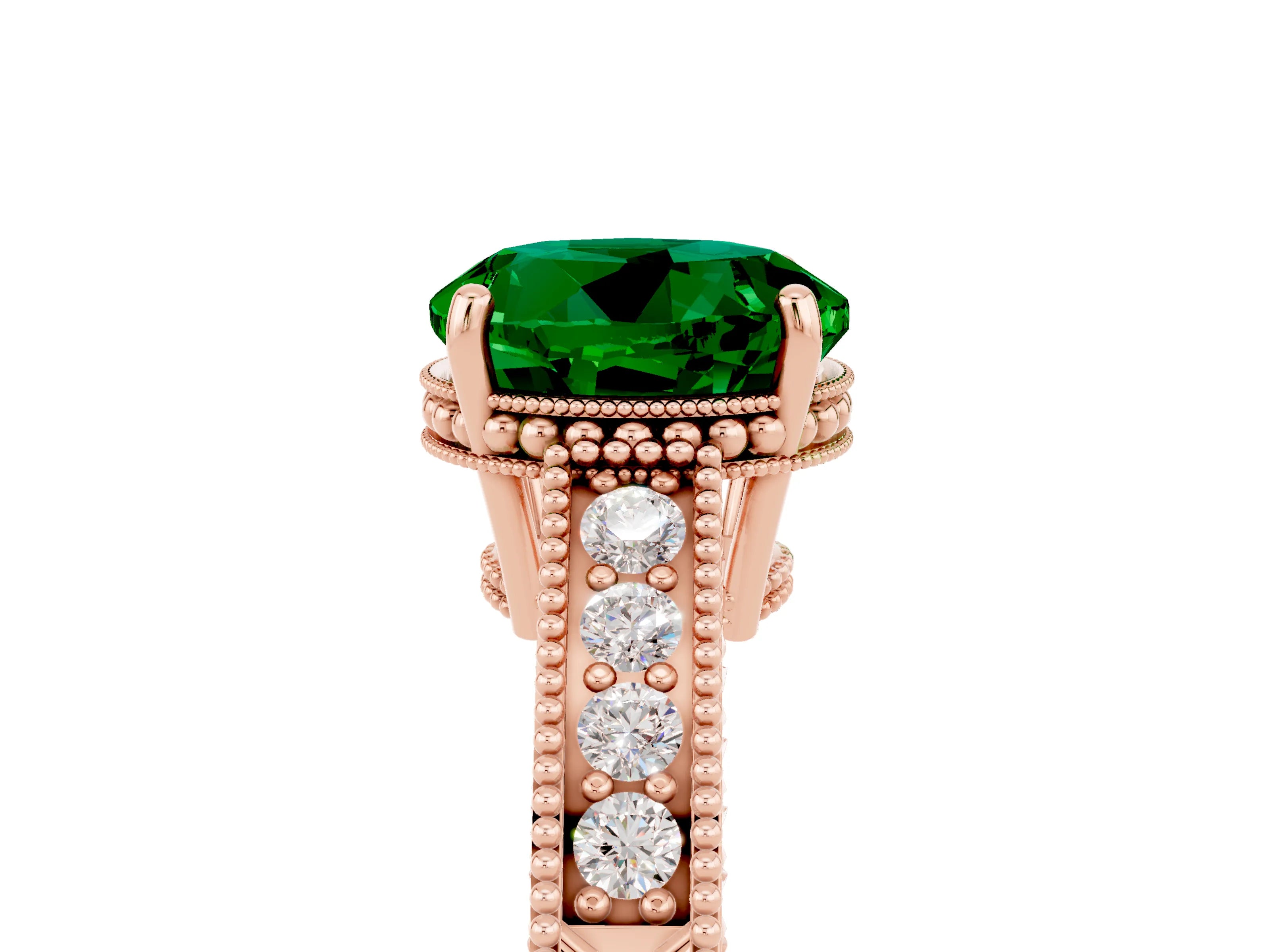 Rose gold Round Cut Emerald Ring with Milgrain Pavé Band and Four-Prong Setting_17