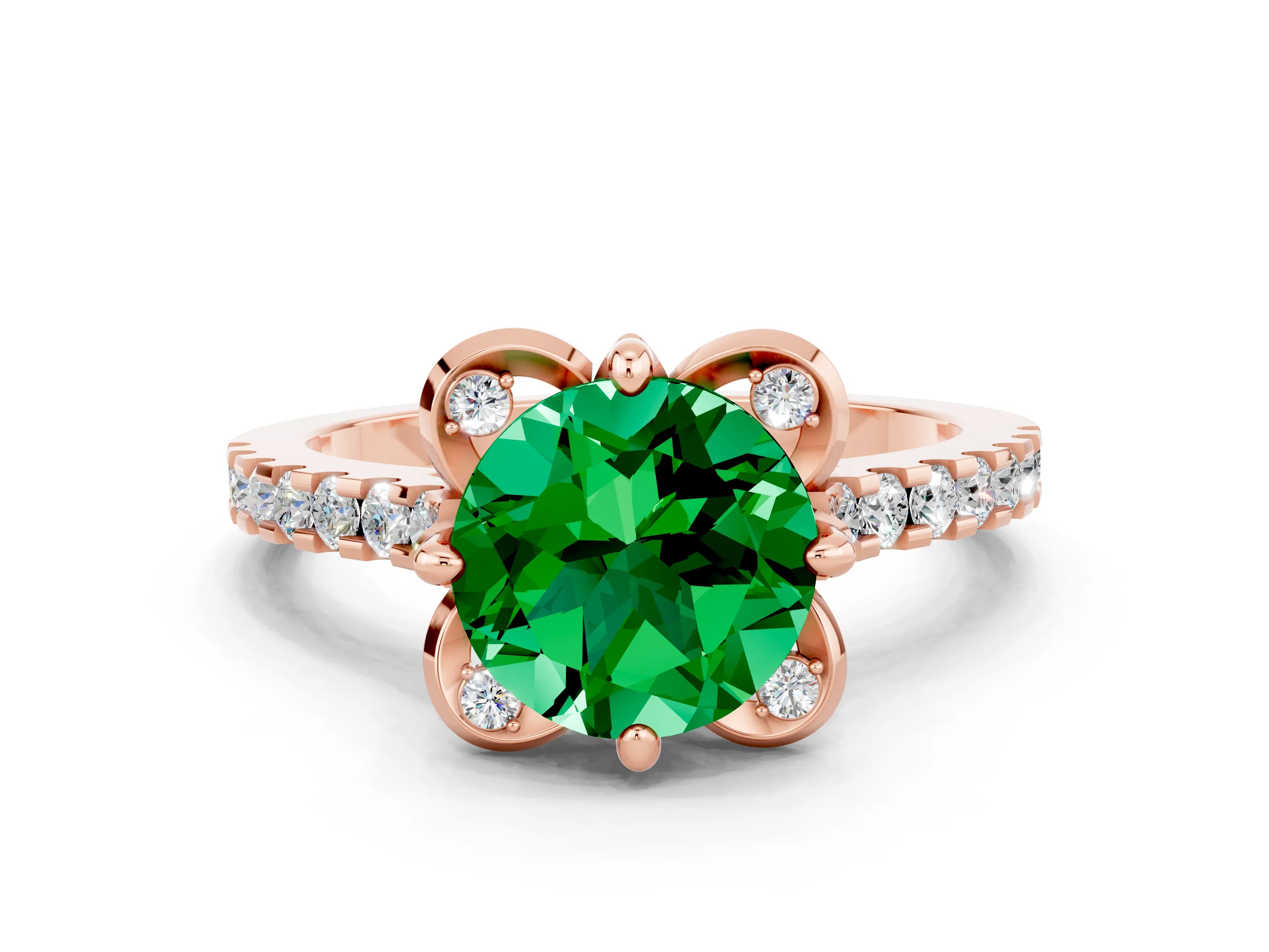 Rose gold Round Cut Emerald Ring with Pavé Band and Floral Prong Setting
