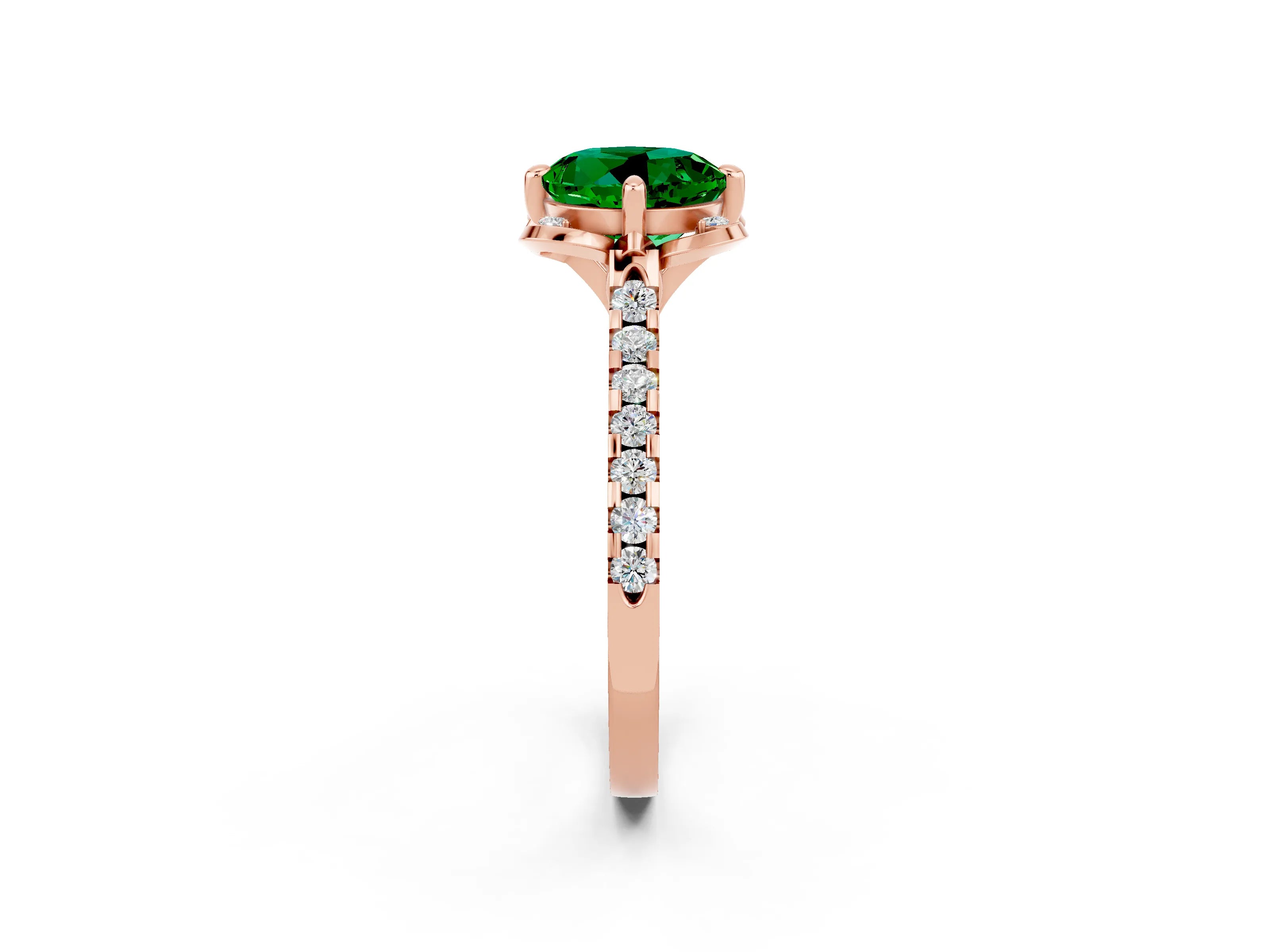 Rose gold Round Cut Emerald Ring with Pavé Band and Floral Prong Setting_2