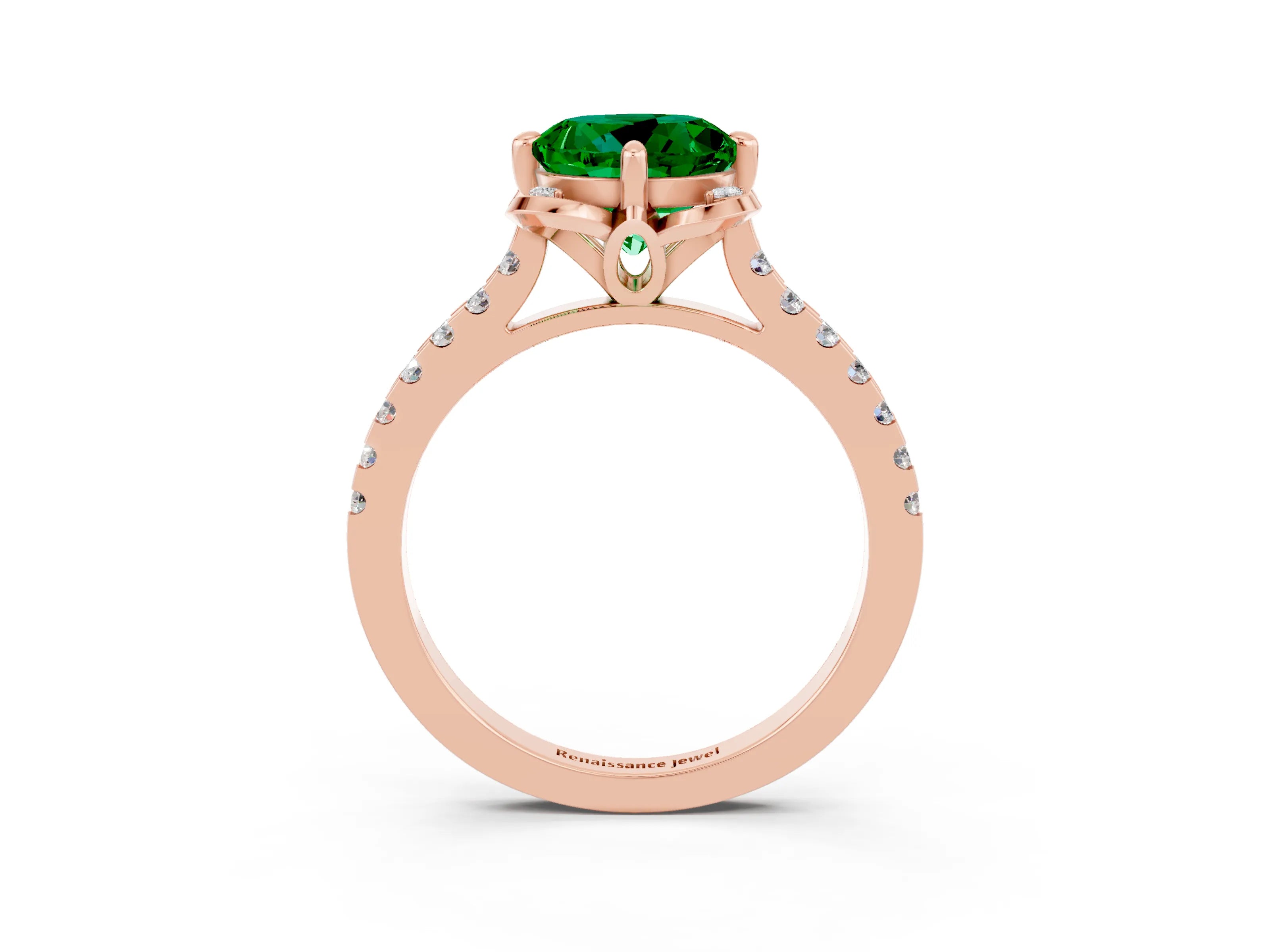 Rose gold Round Cut Emerald Ring with Pavé Band and Floral Prong Setting_3
